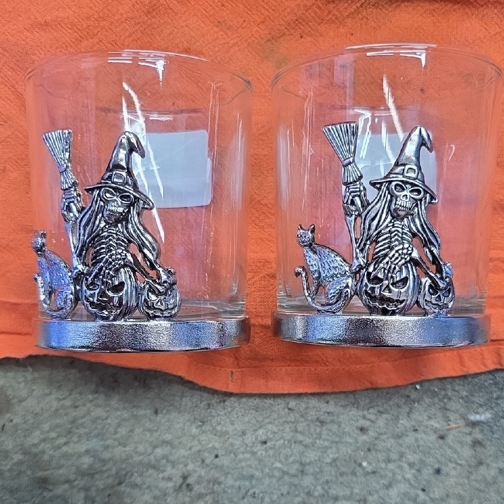 Silver Witch and Cat Glasses Set